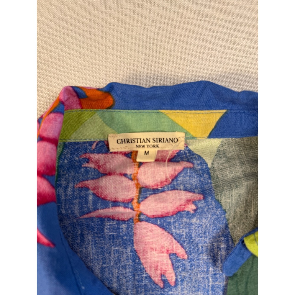 Christian Siriano New York Blue Tropical Floral Tie Front Cropped Linen Top M - Picture 4 of 8